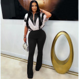 Spring/Summer Short-sleeved Stitching Contrast Color Jumpsuit