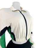 Spliced Contrast Color Zipper Long Sleeve Shorts Sports Two-piece