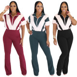 Spring/Summer Short-sleeved Stitching Contrast Color Jumpsuit