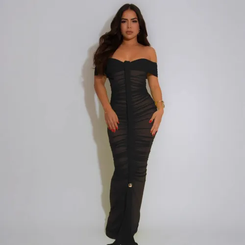 Sexy Solid Color Patchwork Backless Ruched Off Shoulder Long Dresses
