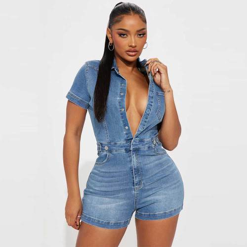 High Elastic Short Sleeve Slim Washed Denim Short Rompers
