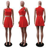 Women Mini Pleated Skirts Suit Mini T-shirt Turn-down Neck Matching 2 Piece Set