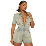 High Elastic Short Sleeve Vintage Washed Denim One Piece Rompers