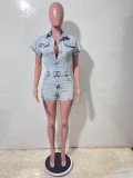 High Elastic Denim Jumpsuit Romper Short Sleeve Washed Distressed Romper