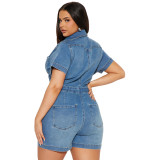 High Elastic Short Sleeve Slim Washed Denim Short Rompers