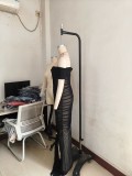 Sexy Solid Color Patchwork Backless Ruched Off Shoulder Long Dresses