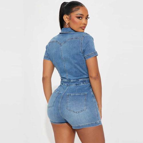 High Elastic Short Sleeve Slim Washed Denim Short Rompers