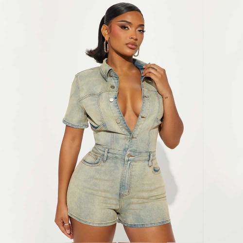 High Elastic Short Sleeve Vintage Washed Denim One Piece Rompers