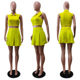 Women Mini Pleated Skirts Suit Mini T-shirt Turn-down Neck Matching 2 Piece Set