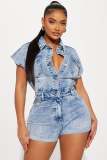 High Elastic Denim Jumpsuit Romper Short Sleeve Washed Distressed Romper