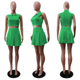 Women Mini Pleated Skirts Suit Mini T-shirt Turn-down Neck Matching 2 Piece Set