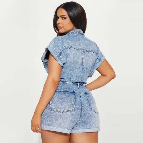 High Elastic Denim Jumpsuit Romper Short Sleeve Washed Distressed Romper