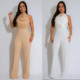Womens Sleeveless Casual Summer Contrast Sequin Leg Cami Jumpsuit