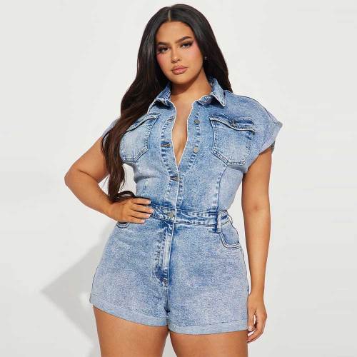 High Elastic Denim Jumpsuit Romper Short Sleeve Washed Distressed Romper