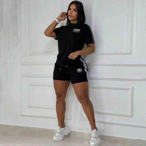 Casual Pocket Simple Embroidery Sports Short-sleeved Shorts Set