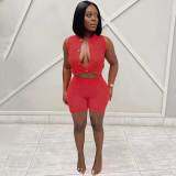 Solid Color Sleeveless Hollow Short Sweater Suit