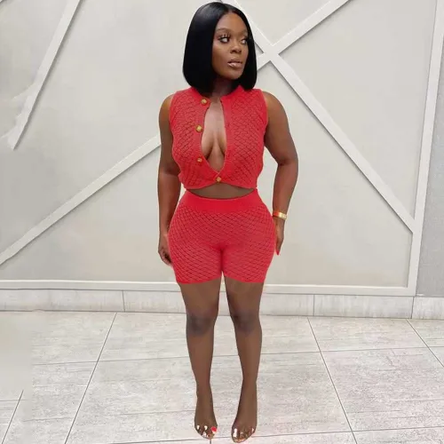 Solid Color Sleeveless Hollow Short Sweater Suit