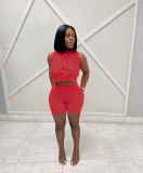 Solid Color Sleeveless Hollow Short Sweater Suit
