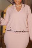 Elegant V-neck Hot Drilling Long Sleeve Back Slit Skirt Two-piece