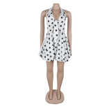 Solid Polka Dot Printed Halter Backless Bubble Mini Dress