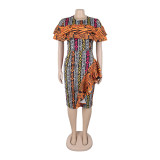Print Fungus Back Slit Contrast Color Midi Dress