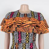 Print Fungus Back Slit Contrast Color Midi Dress