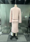 Elegant V-neck Hot Drilling Long Sleeve Back Slit Skirt Two-piece