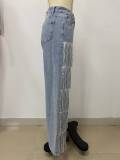 Women's High Waisted Jeans Fringe Wide Leg Baggy Bling Tassel Denim Pants