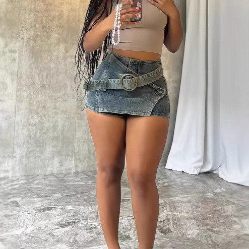 Retro Irregular Fashion Design Washed Denim Mini Skirt
