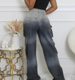 Multi-pocket Jean Buttoned Gradient Workwear Straight-leg Denim Trousers
