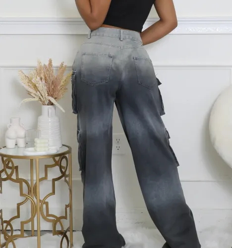 Multi-pocket Jean Buttoned Gradient Workwear Straight-leg Denim Trousers