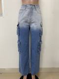 Multi-pocket Jean Buttoned Gradient Workwear Straight-leg Denim Trousers