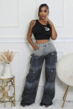 Multi-pocket Jean Buttoned Gradient Workwear Straight-leg Denim Trousers