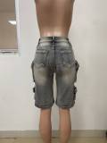 Cargo Bermuda Denim Shorts Women Raw Hem Jean Shorts with Pockets