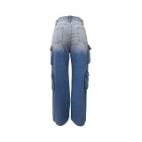 Multi-pocket Jean Buttoned Gradient Workwear Straight-leg Denim Trousers
