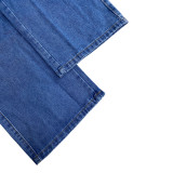 Multi-pocket Jean Buttoned Gradient Workwear Straight-leg Denim Trousers