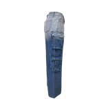 Multi-pocket Jean Buttoned Gradient Workwear Straight-leg Denim Trousers