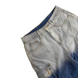 Multi-pocket Jean Buttoned Gradient Workwear Straight-leg Denim Trousers