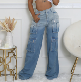 Multi-pocket Jean Buttoned Gradient Workwear Straight-leg Denim Trousers
