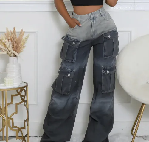Multi-pocket Jean Buttoned Gradient Workwear Straight-leg Denim Trousers