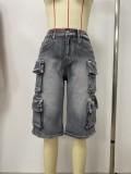 Cargo Bermuda Denim Shorts Women Raw Hem Jean Shorts with Pockets