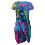 1 Piece Custom Casual Digital Printing Short Sleeve O Neck Irregular Club Dress