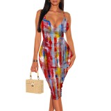 1 Piece Custom Casual Digital Printing V Neck Straps Midi Dress