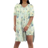 1 Piece Custom Casual Digital Printing Short Sleeve V Neck 2 Piece Set