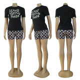 Fashion Flocking High Elastic Round Neck Casual Shorts Set