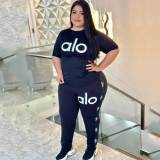 Plus Size Fashion Ribbon Short Sleeve Trousers Set