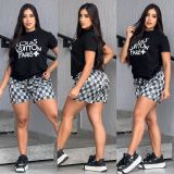 Fashion Flocking High Elastic Round Neck Casual Shorts Set