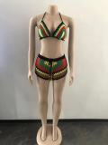 Summer Beach Coverups 2 Piece Outfits Woven Colorblock Beach Shorts Set