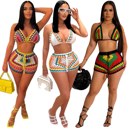 Summer Beach Coverups 2 Piece Outfits Woven Colorblock Beach Shorts Set