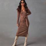 Solid Lapel Stretch Knitting Hollow Out Midi Dress